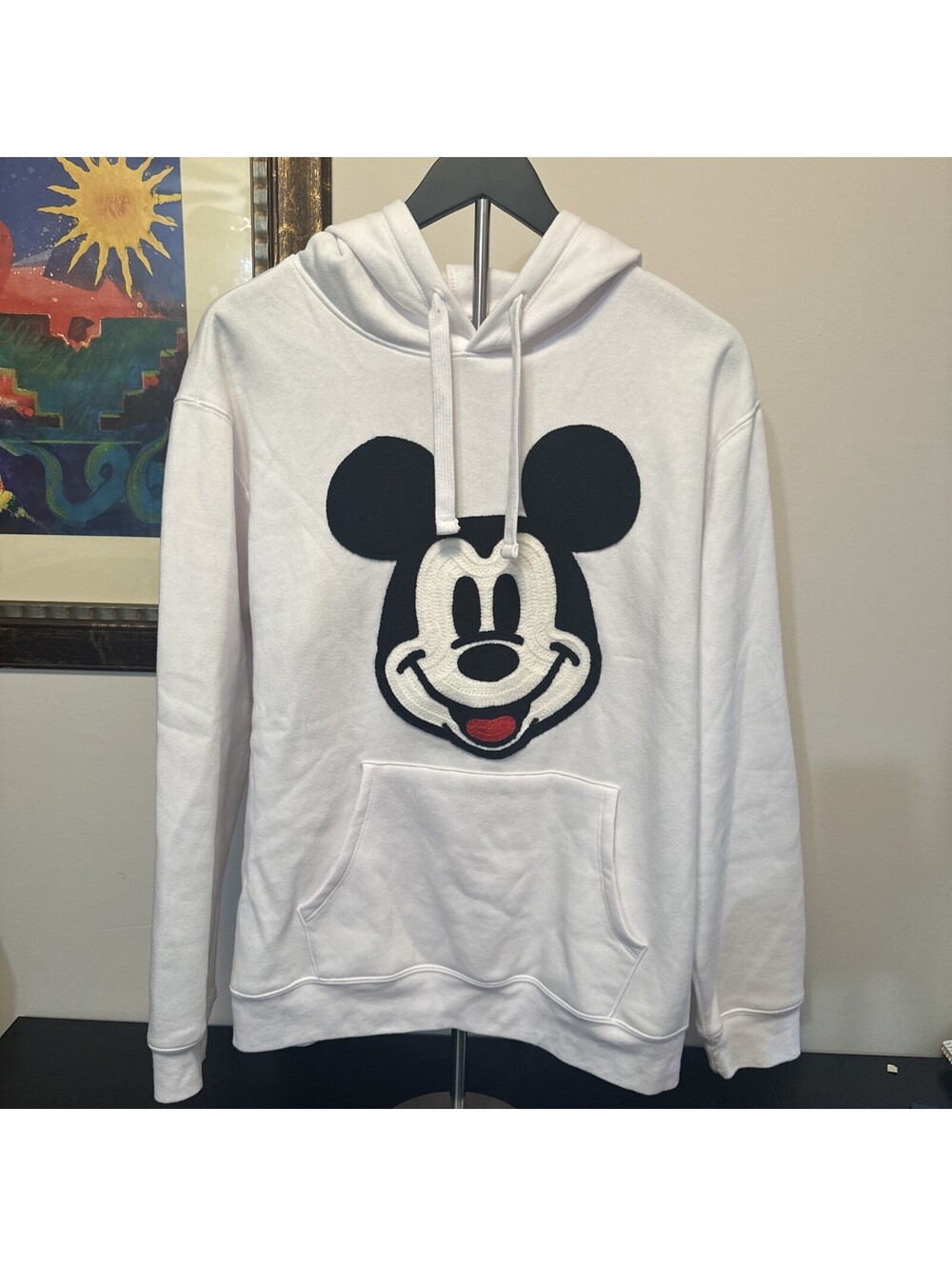 DISNEY Womens L White Mickey Mouse Crochet Hoodie Sweatshirt NWT